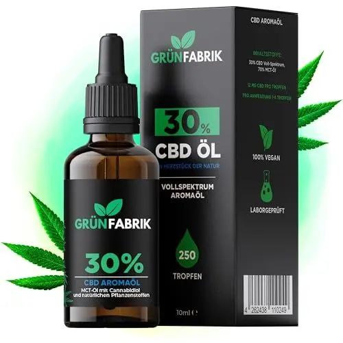 Produktbild: CBD Öl 30% - Vollspektrum Extrakt CBD Tropfen - Deutsche Qualitätsmarke - Cannabidiol Tropfen - Echtes Cannabisöl - Deine natürliche Alternative - 10ml - 250 Hanföl Tropfen - 3000mg CBD - GRÜNFABRIK