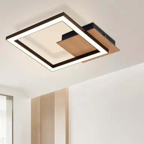 Produktbild: CBJKTX Deckenleuchte LED Deckenlampe Küche - 3000K Warmweiß Schlafzimmerlampe Modern 12W Küchenlampe Klein Holz Flurlampe Schwarz Quadrat Design für Küche Wohnzimmer Schlafzimmer Flur Esszimmer