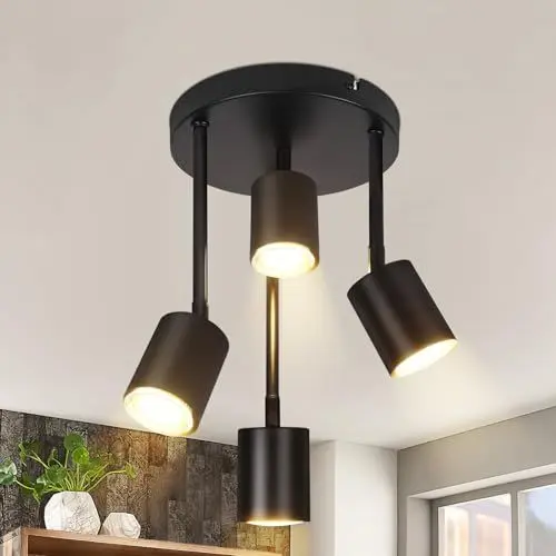 Produktbild: CBJKTX Deckenstrahler 4 Flammig Deckenlampe Schwarz - Schwenkbar Deckenleuchte LED GU10 Küchenlampe 350° Deckenspots Flurlampe Strahler für Küche Flur Schlafzimmer Wohnzimmer (ohne Leuchtmittel)