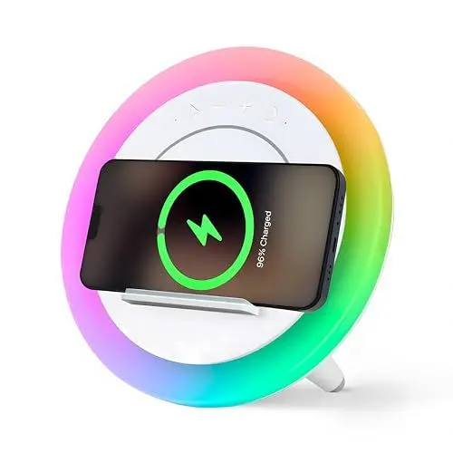 Produktbild: CCHKFEI Nachttischlampe mit Ladefunktion, Nachttischlampe mit Bluetooth Lautsprecher und 10W Drahtlosem Ladegerät Mehrfarbige LED-Nachtlichter mit Telefonhalterung für Zuhause Schlafzimmer Büro