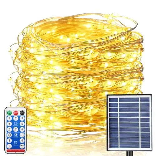 Produktbild: CCILAND 50M Solar Lichterkette Außen, 500 LED Lange Lichterkette Aussen mit Fernbedienung Timer 8 Modi Solarlichterkette IP54 Wetterfest für Hof Hochzeit Party Deko (Warmweiß)
