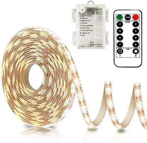Produktbild: CCILAND LED Streifen Batterie, 3 Meter 90 LED Klebe Streifen mit 8 Modi Timer Fernbedienung, Dimmbar LED Strip Batteriebetrieben Schneidbar für Deko (Warmweiß)