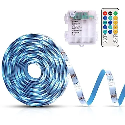 Produktbild: CCILAND LED Strip 5M, 150 LED Klebe Streifen mit Batterie 8 Modi Timer Fernbedienung, Selbstklebend Dimmbar LED Band Schneidbar für Deko (Weiß)
