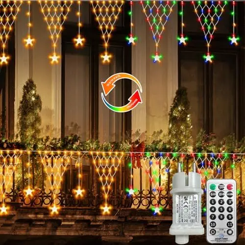 Produktbild: CCILAND Weihnachten Lichternetz Außen 4M, 196 LED Stern Lichternetz mit 11 Modi Stecker, Lichterkette Netz Wasserdicht mit Fernbedienung Timer für Eaves Balkone Urlaub Dekor-Warmweiß & Mehrfarbig