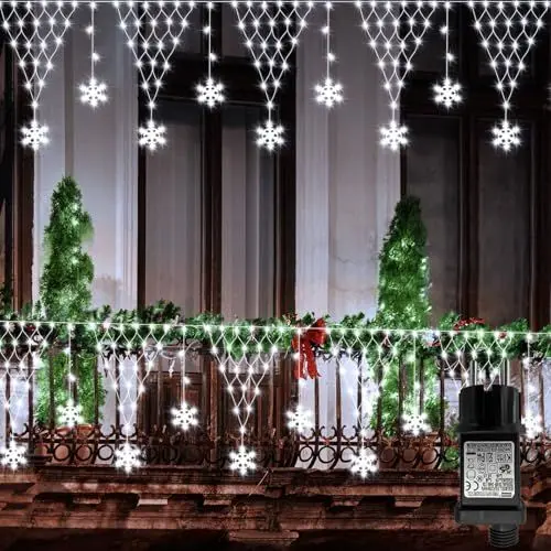 Produktbild: CCILAND Weihnachten Lichternetz Außen 4M, 207 LED Schneeflocken Lichternetz mit 8 Modi Stecker, Lichterkette Netz Wasserdicht mit Timer für Eaves, Zäune, Balkone, Urlaub, Hochzeit Dekor-Kaltweiß