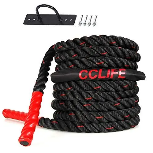 Produktbild: CCLIFE Battle Ropes Schlachtseil 9m 12m 15m Ø38mm Fitnesse Sport Tau Trainingsseil Fitnessseil Sportseil Battle Rope für Fitnessstudio Muskelaufbau, Größe:9m schwarz-rote Seile. mit Halterung
