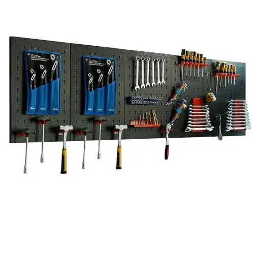Produktbild: CCLIFE Werkzeugwand Lochwand Inkl.66-Teiligem Metall Werkzeuglochwand Vier Teile 200 x 60 x 2 cm Erweiterbar Zubehör Wandregal Werkzeugaufbewahrung Schwarz