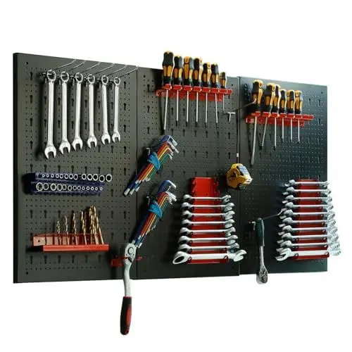 Produktbild: CCLIFE Werkzeugwand Lochwand Inkl. 35-Teiligem Metall Werkzeuglochwand Dreiteilig 120 x 60 x 2 cm Erweiterbar Zubehör Wandregal Werkzeugaufbewahrung Schwarz