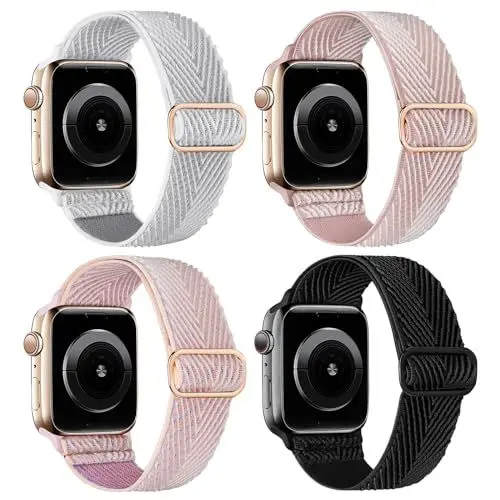 Produktbild: CCnutri Elastisches Nylon Loop Armband Kompatibel mit Apple Watch 38mm 40mm 41mm 42mm 44mm 45mm 46mm 49mm, Stoff Geflochten Sport Band Damen Herren für iWatch SE Serie 10 9 8 7 6 5 4 3 2 1, 4 Stück