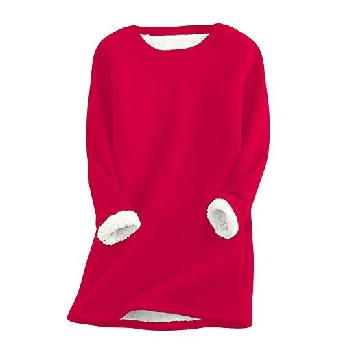 Produktbild: CCOOfhhc Damen Warm Gefüttert Pullover Winter Fleecepullover Rundhals Sweatshirt Ohne Kapuze Thermounterwäsche Langarmshirt Teddy-Fleece Weiche Pulli Plüsch Unterwäsche Kuschelig Oberteil