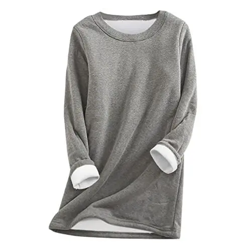 Produktbild: CCOOfhhc Damen Fleece Langarm Sweatshirts Winter Fleecepulli Warme Unterhemd Rundhal Plüsch Pulli Ohne Kapuze Thermounterwäsche Teddy-Fleece Gefüttertes Sweatshirts Bequem Langarm Blusen Oberteile
