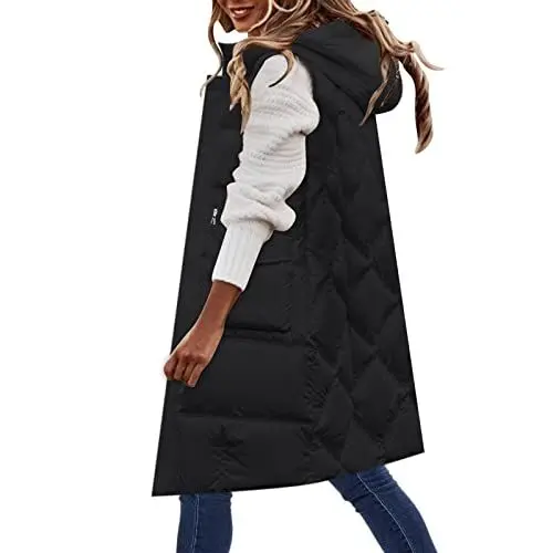 Produktbild: CCOOfhhc Lang Weste Damen Steppweste Winter Westen Warm Jacke Ärmellos Steppweste Winter Übergangsjacke Leicht Daunenweste Lässig Wintermantel Pufferjacke Kapuzenweste Taschen
