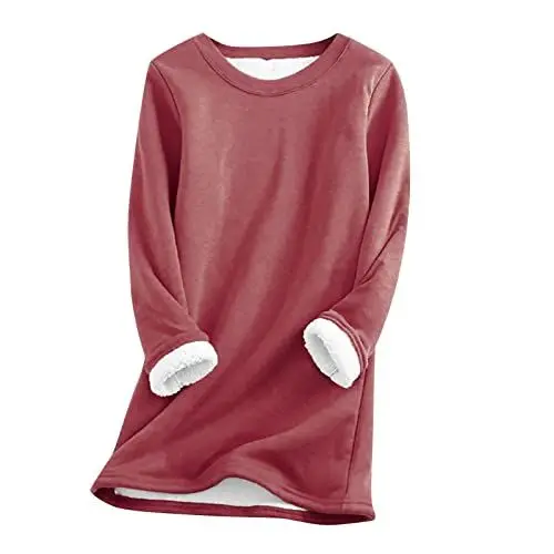 Produktbild: CCOOfhhc Teddy Fleece Pullover Damen Winter Warmer Unterhemd Rundhals Fleece Plüsch Sweatshirt Ohne Kapuze Thermounterwäsche Langarmshirt Teddy Gefüttert Weiche Pulli Elegant Oberteile