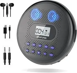 Produktbild: CD Player Tragbar, Arafuna Tragbarer CD Player mit Lautsprecher, Wiederaufladbarer CD-Spieler für Auto mit Anti-Skip-Schutz, Discman mit Kopfhörern und AUX-Kabel