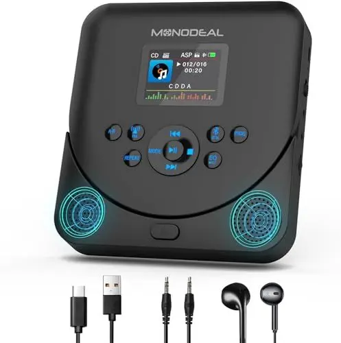 Produktbild: CD Player Tragbar mit TFT Display, 2024 MONODEAL Tragbarer CD Player Bluetooth, Wiederaufladbar CD Player mit Lautsprecher und FM Transmitter, Discman CD Player für Auto, Anti-Skip und TF Karte unters