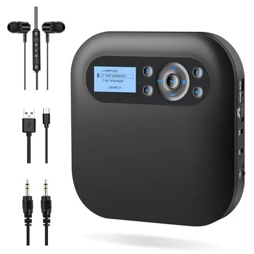 Produktbild: CD Player tragbar, DESOBRY Bluetooth CD Player mit Lautsprechern, wiederaufladbarer Discman für Auto mit FM, Anti-Skip, Zwei Kopfhöreranschlüssen