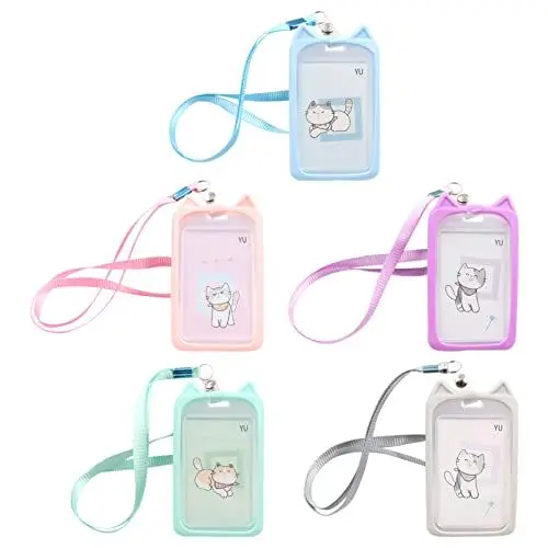 Produktbild: Cdemiy Lanyard mit Kartenhalter, 5 Stück Cartoon Plastik Bus ID Kartenhalter Etui, Transparenter Kunststoff Ausweis ID-Kartenhalter mit Lanyard, für Büro, Ausstellung, Wirtschaft, Schüler