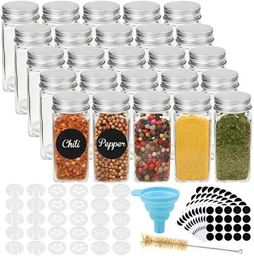 Produktbild: CDWERD 25 Stück Gewürzgläser, 120ml Spice Jars Eckig Gewurzglaeser Gewürzbehälter Gewürzdosen Set mit Silikon Trichter, Runden Leeren Aufklebern, Reinigungsbürste, Sieben