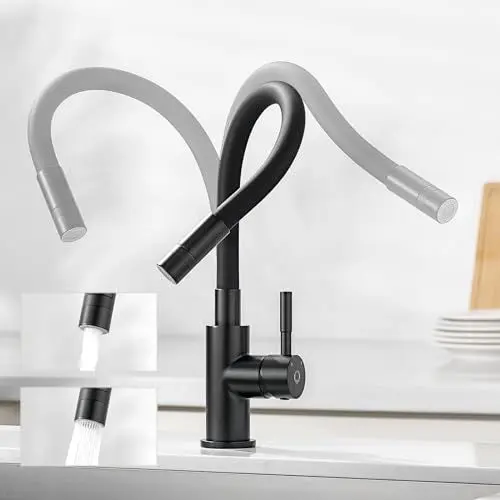 Produktbild: CECIPA Flexibler Wasserhahn, schwarz, für die Küche, mit 2 Strahlarten, Einhebelmischer, klappbar, Warm- und Kaltwasser, 360° drehbar