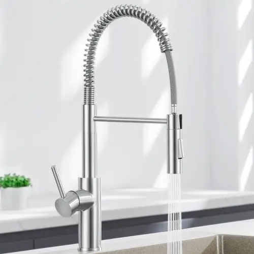 Produktbild: CECIPA Hochdruck Küchenarmatur mit Brause Herunterziehen, Wasserhahn Küche Ausziehbar mit 2 Wasserstrahlarten, Bogen Spiralfeder Armatur Küche 360° Drehbar, Einhebel Mischbatterie Küche Edelstahl