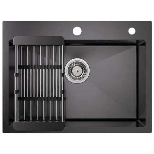 Produktbild: CECIPA Spülbecken Schwarz Anthrazit 60 * 45CM, Küchenspüle Edelstahl 201 Eckig, Spüle Küche mit Abtropfgestell und Siphon, Waschbecken Küche mit 2 HahnLöcher, 1 Becken Einbauspüle