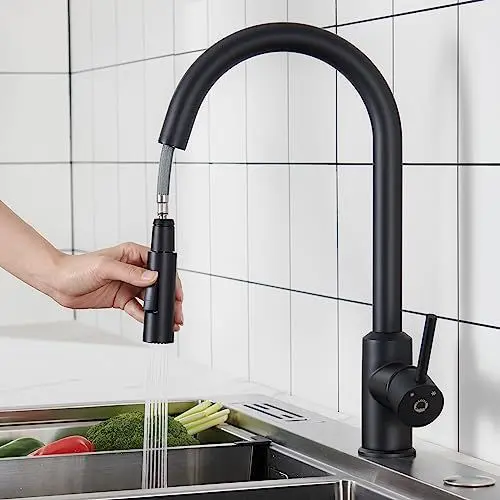 Produktbild: CECIPA Wasserhahn Küche Schwarz, Mischbatterie Küche mit Hohem Bogen, Hochdruck Küchenarmatur mit Brause Ausziehbar, 360° Schwenkbar Spültischarmatur, G3/8 Anschluss Armatur