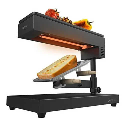 Produktbild: Cecotec Raclette Cheese&Grill 6000 Schwarz. Leistung 600W, Grillfunktion, Edelstahl-Finish, verstellbares Thermostat, 2 Holzspatel, antihaftbeschichteter oberer Grillrost