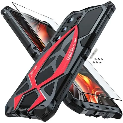 Produktbild: CeeEee Handyhülle für Galaxy S24 Ultra Militär Protction Hülle Metall und Silikon Stoßfeste Rugged Outdoor Case mit Screen Protector - Rot