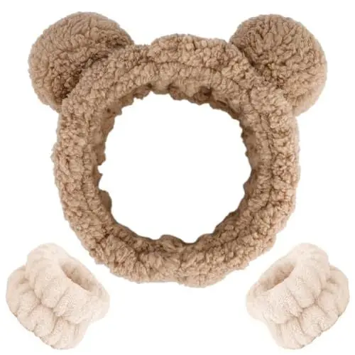 Produktbild: Ceeyoll 3 Stück Spa Gesichts Stirnband，Make up Haarband，Elastisches Make up Haarband，Weiches Make Up Stirnband, Geeignet für Gesichtsreinigung, Baden und Kosmetik (Braune Farbe, Bärenohren)