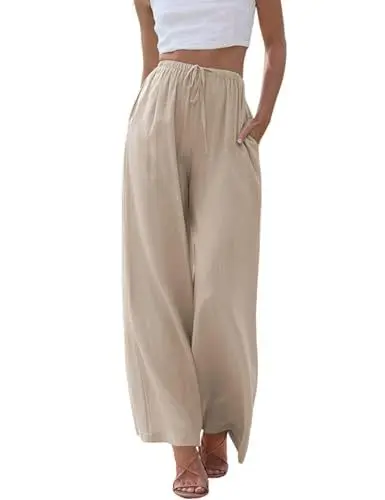 Produktbild: Cegerne Damen Leinenhose Lang Leicht Sommerhose Loose Fit Casual Locker Stoffhose Weite Beine mit Taschen, Khaki, 3XL