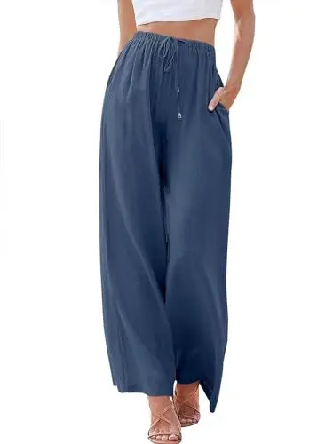 Produktbild: Cegerne Damen Leinenhose Lang Leicht Sommerhose Loose Fit Casual Locker Stoffhose Weite Beine mit Taschen, Seeblau, L