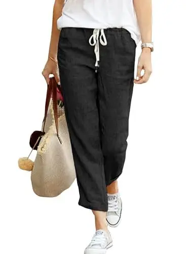 Produktbild: Cegerne Damen Leinenhose Lang Leicht Sommerhose Loose Fit Casual Stoffhose mit Taschen für Urlaub Strand 7/8, Schwarz, L