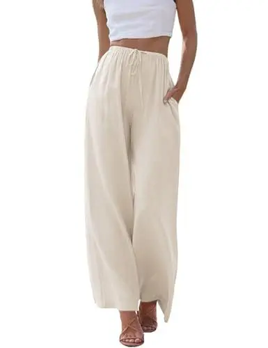 Produktbild: Cegerne Damen Leinenhose Lang Leicht Sommerhose Loose Fit Casual Locker Stoffhose Weite Beine mit Taschen, Apricot, S