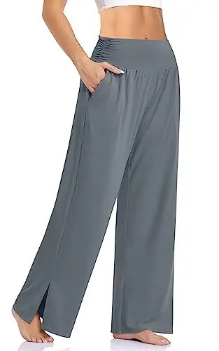 Produktbild: Cegerne Damen Palazzo High Waist Haremshose Yogahose Stretch Stoffhose Weite Jogginghose Sport Activewear Hose Traniningshose mit Schlitz, Grau, S
