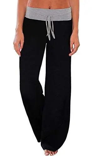Produktbild: Cegerne Damen Yogahose Stretch Pyjamahose Schlafanzughose Lang Weich Lounge Freizeithose Weite Bein Palazzo Bequeme Haushose Schlafhose, Schwarz-1, M