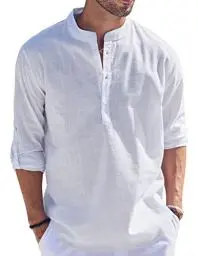 Produktbild: Cegerne Herren Leinenhemd Henley Shirt Langarm Freizeithemden Sommer Beach Casual Mittelalte Kurzarm T-Shirt für Urlaub Strand, Weiß, S