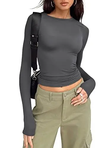 Produktbild: Cegerne Langarmshirt Slim Fit Damen Y2K Oberteile Long Sleeve Shirts Rundhals Cropped Tee Basic Crop Tops Teenager Streetwear, Dunkelgrau, XS