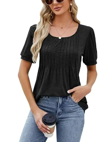 Produktbild: Celadyen Blusen & Tuniken für Damen Kurzarm Scoop NeckSommer T-Shirts Falten Tunika Oberteile Elegant Longbluse Lässig Shortsleeve Longshirt Bluse Locker, Schwarz M