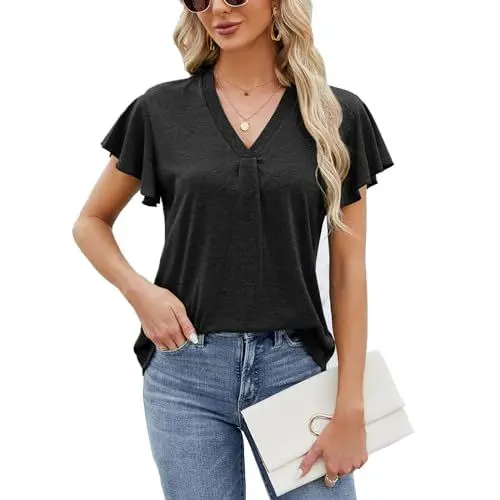 Produktbild: Celadyen T-Shirt Damen Sommer Tunika Tops Rüschen Kurzarm V Ausschnitt Plissiert Bluse T Shirt Casual Einfarbig Tshirt Oberteile, Neu Schwarz M