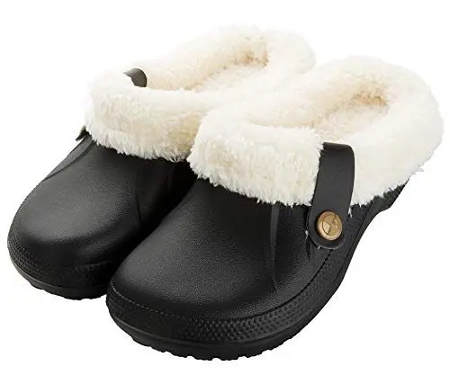 Produktbild: CELANDA Clogs Gefüttert Damen Herren Warm Hausschuhe Wasserdichte Gartenclogs mit Fell Frauen Geschlossen Lined Clogs Winter Plüsch Pantoletten Schwarz D 40/41 EU