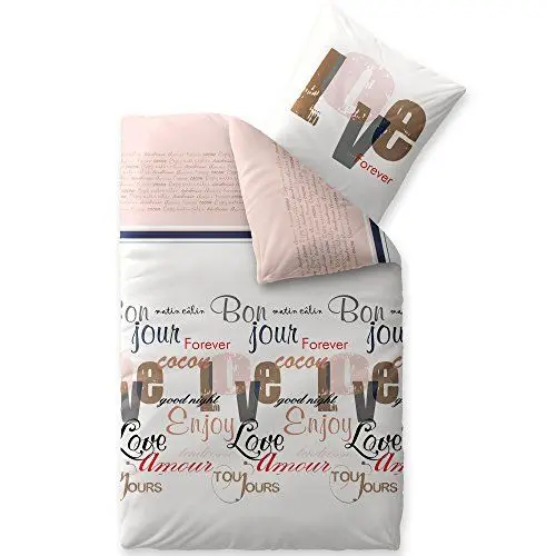 Produktbild: CelinaTex Touchme Biber Bettwäsche 135 x 200 cm 2teilig Baumwolle Bettbezug, Set, Bettgarnitur für Sommer und Winter, ganzjährig, pflegeleicht, Jana Wörter Streifen weiß rosa braun