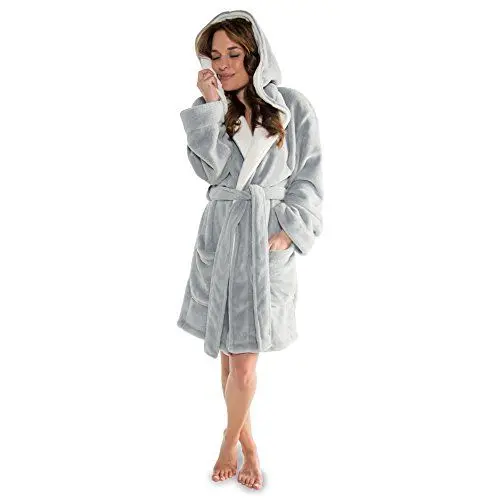 Produktbild: CelinaTex XS-XXXL Bademantel Kapuze zweifarbig kurz aufgesetzte Taschen Damen Mikrofaser Kuschelfleece OEKO-TEX Miami