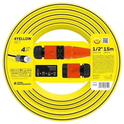 Produktbild: Cellfast Set Gartenschlauch YELLOW, Leicht, Strapazierfähig, 4-lagig, Regner, UV und Algenfest, Verwindungsfestigkeit, REACH-Technologie, 20 bar, -10/+50° Verschluss: 1/2