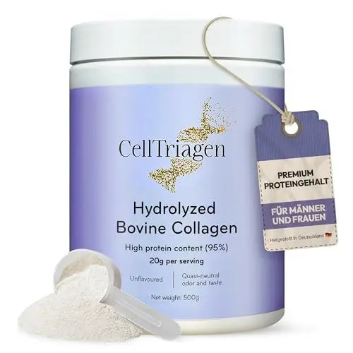 Produktbild: CellTriagen Collagen Pulver – Pure Glow Booster mit Vital Proteins Collagen Peptides, Kollagen Hydrolysat – Protein Pulver Neutral Taste, Typ 1, 2, 3 Ideal für Smoothies, Shakes (Zuckerfrei – 500 g)