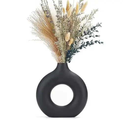 Produktbild: CEMABT Vasen für Pampasgras, handgemachte Vase, getrocknete Blumen, Keramik, Weiß, Handwerkliche Ornamente für die Dekoration des Bürohauses, Vasenset (S, Schwarz)