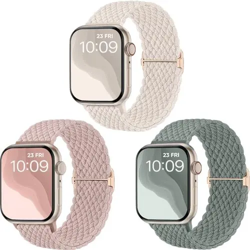 Produktbild: CeMiKa Geflochtenes Armband kompatibel mit Apple Watch Armband 41mm 40mm 38mm 42mm, Stoff Elastisches Sport Solo Loop Nylon Band für iWatch Series 10 9 8 7 6 5 4 3 SE Ultra 2 1,Herren Damen, 3 Stück