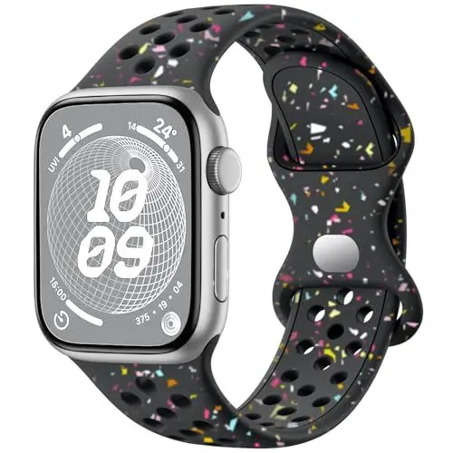 Produktbild: CeMiKa Sport Armband Kompatibel mit Apple Watch Armband 38mm 40mm 41mm 42mm für Frauen Männer, Umweltfreundlich Atmungsaktives Silikon Armband für iWatch Series 10 9 8 7 6 5 4 3 2 1 SE, Schwarz