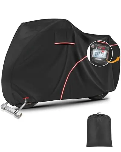 Produktbild: CEMOFE Motorrad Abdeckplane 300D Motorrad Abdeckplane Outdoor mit Kennzeichen Fenster Motorradabdeckung Luftdurchlässig mit Schlosslöchern UV Schutz Regen Schnee für Moped Roller (245 x 105 x 125cm)
