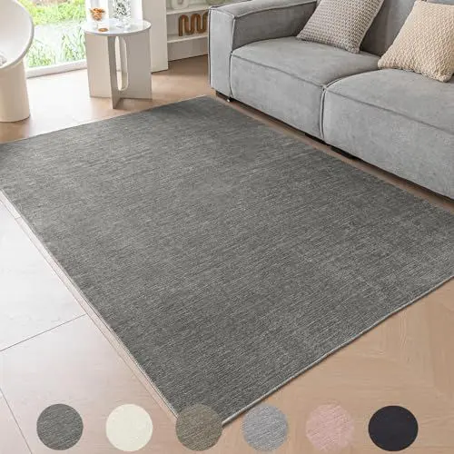 Produktbild: Ceneco Teppich Wohnzimmer,Kurzflor Teppich Schlafzimmer, Grau Dünne Teppiche Büro, rutschfeste Waschbare Teppiche Küche, Tepich Kurzflor Kinderzimmer, Lounge Bereich Teppisch (Dunkelgrau, 140×200cm)