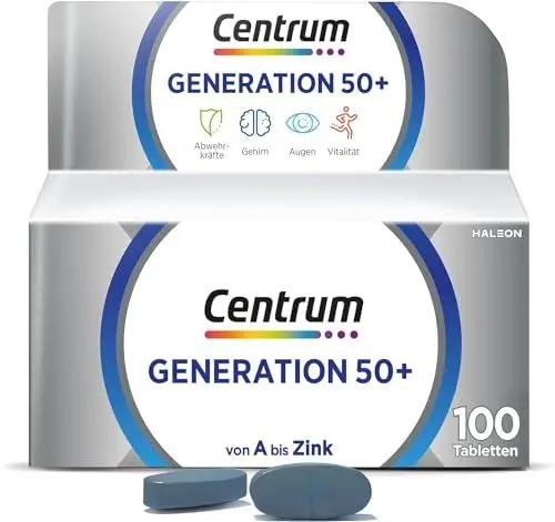 Produktbild: Multivitamin - Centrum Generation 50+ – Hochwertiges Nahrungsergänzungsmittel mit Mikronährstoffen – Für Erwachsene ab 50 Jahren – Vitamine, Mineralstoffe, Spurenelemente – 1x 100 Tabletten